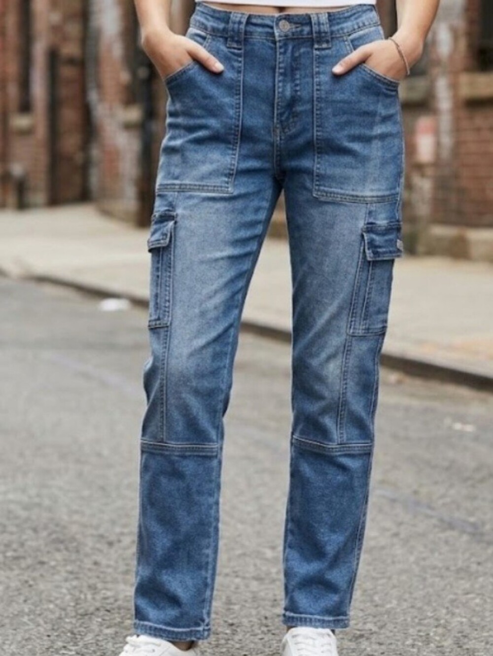 Kancan Womens Avery Straight Leg Cargo Medium Wash Size 3/25